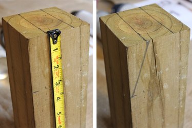 Connect the line on the width of the wood with the mark on the length of the wood